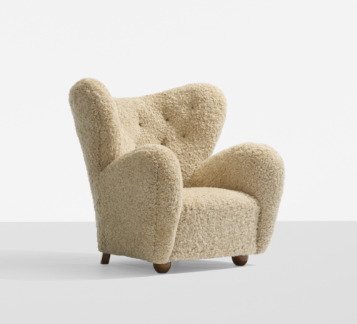 Flemming Lassen, attributed, lounge chair, 1940. Sheepskin, stained beech. Denmark. Via Wright