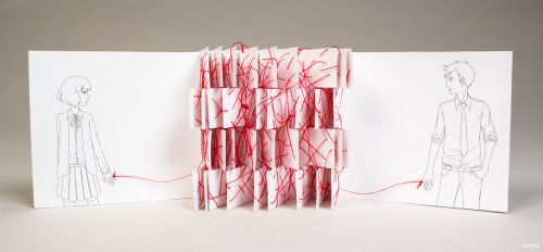 justpieit:  shihfu:  An old project from last year. One of a set of three. To extract the book from its box, both ends of the ribbons must be pulled at once. Pulling only one will get nowhere. Two people connected by the red string of fate are destined