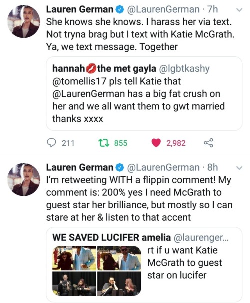 keepitreal-stayhumble:Lauren German being gay as fuck for Katie McGrath is my crack