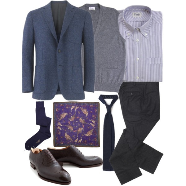 Monday inspiration - Unifrom in restrained tones by Drake’s London
The sports coat, sleeveless cashmere cardigan, striped oxford cloth button-down shirt, knitted tie, pocket square and socks all by Drake’s.
Charcoal flannel trousers from Epaulet and...