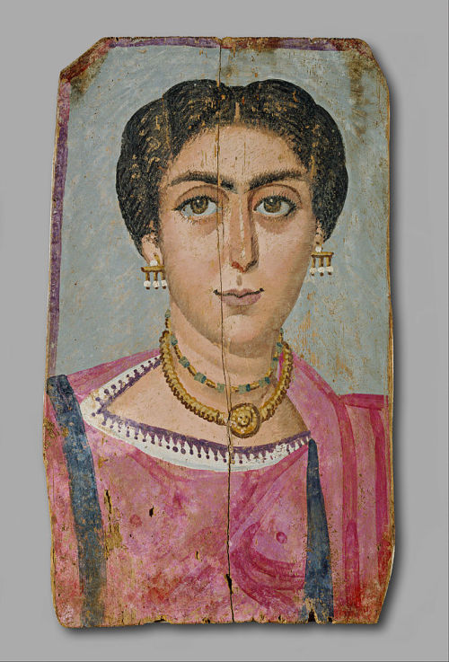 anonymous, Fayum mummy portrait of a woman with necklace c.161 AD - 192 AD, encaustic on wood, 36.5 