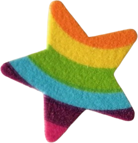 fuzzy sticker of a rainbow-striped star.