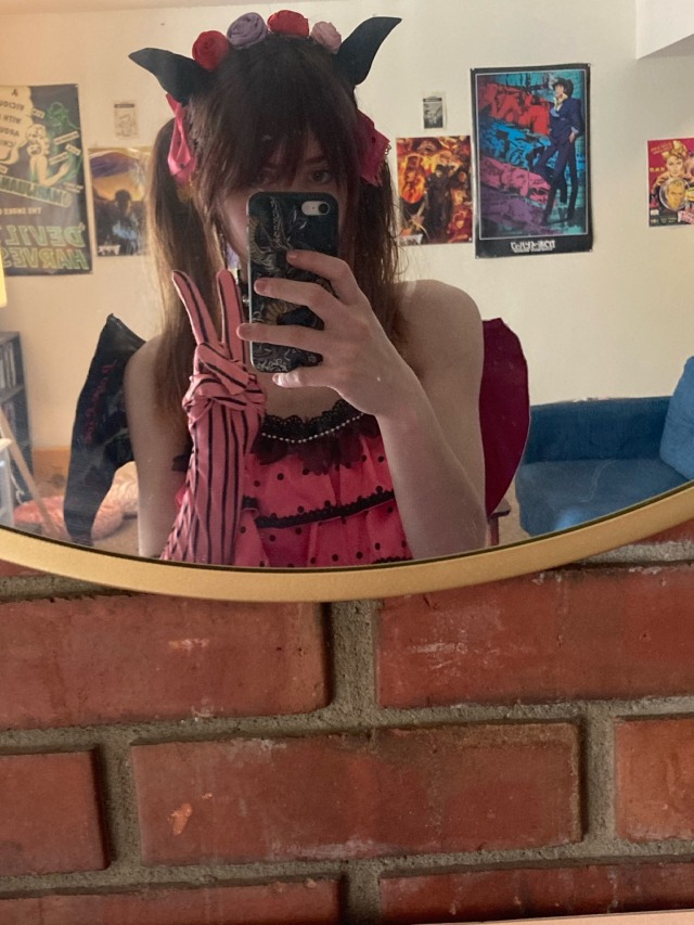 cosplay try-on of the nico little devil cosplay that came in today, I’ll need to glue on or secure the tiara somehow to 