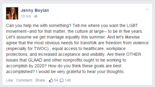 Readers, this is transgender author and activist Jenny Boylan looking for input from the LGBTQIA+ co