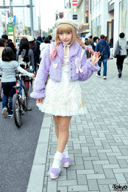 tokyo-fashion:  18-year-old Rinalee on the street in Harajuku wearing a fuzzy Swankiss jacket with a WC skirt, Katie pins, a WEGO backpack, and a YowaPeda Sohoku teddy bear. Full Look