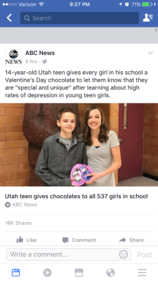 buttermilk-thegoat:Don’t read the comments on this article. The kid did it because he was learning about how teenage girls suffer from depression more than any other age group, and didn’t want any girls going home feeling sad on Valentine’s Day.