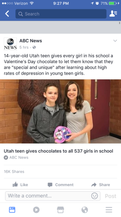 mikkynga:  buttermilk-thegoat: Don’t read the comments on this article. The kid did it because he was learning about how teenage girls suffer from depression more than any other age group, and didn’t want any girls going home feeling sad on Valentine’s