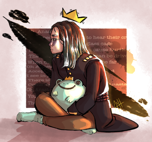 nastya and my frog pushie, nastya. it felt right to draw her with her namesake. 