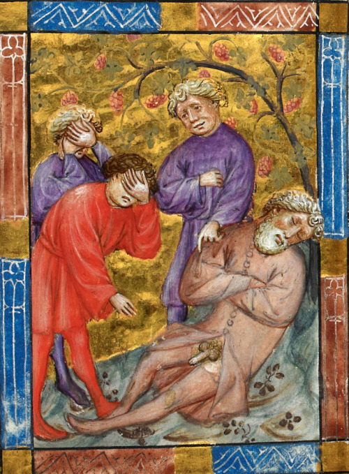 medieval facepalm(drunken Noah, Ham, Shem and Japheth, Genesis 9:20-24)Biblia Pauperum, Netherlands 