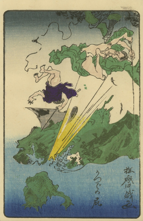 A water imp farts sending two fisherman flying.by Kysai Hyakuzu, 1863-1866.