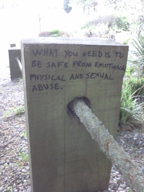 supergaygenes:  dyspraspie:  Graffiti written on a line of wooden posts.  Messages read: TW: Abuse; loving relationships can be abusive relationships; love is not all you need; what you need is to be safe from emotional, physical and sexual abuse; you