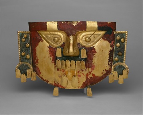 Funerary mask of gold, copper overlay, and cinnabarSicán culture, Peru, 10th-11th centurySource: The