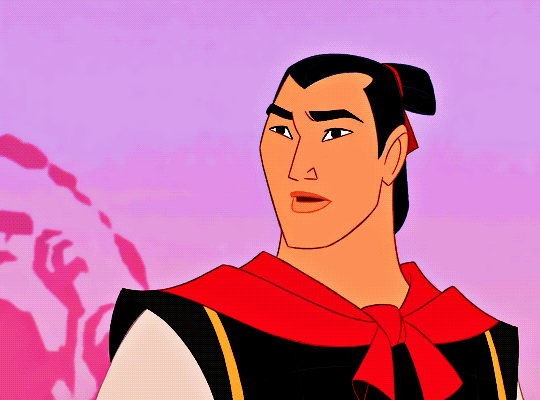 sourceblog: [ID: Five gifs of the 1998 film Mulan. 1: Mulan looks up and to the side with a smile, a