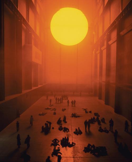 Olafur EliassonThe Weather Project, 2003Monofrequency lights, projection foil, haze machines, mirror