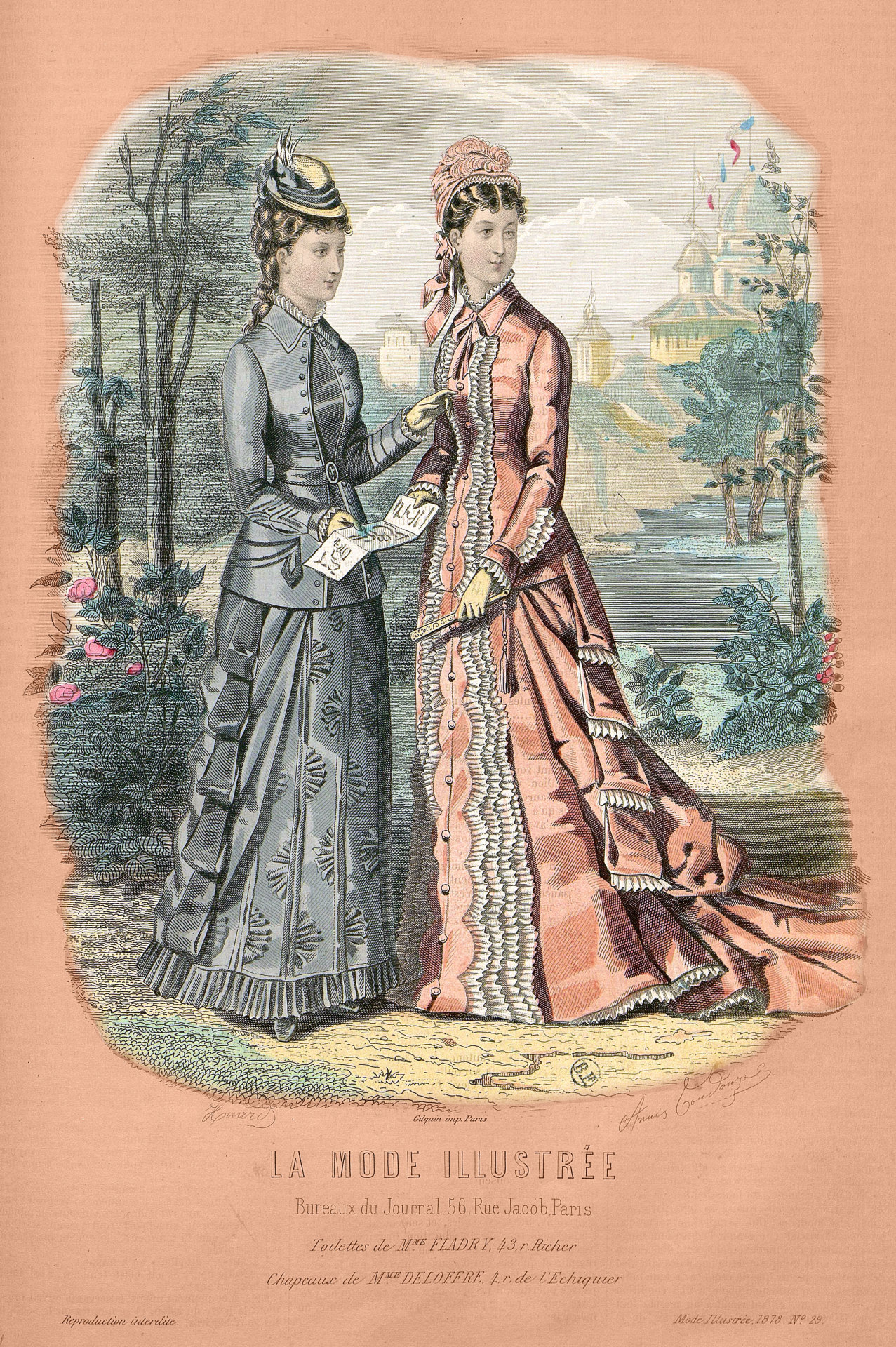 chic-a-gigot:
“La Mode illustrée, no. 29, 21 juillet 1878, Paris. Toilettes de Mme Fladry, 43 r. Richer. Chapeaux de mme Deloffre, 4 r. de l'Echiquier. Ville de Paris / Bibliothèque Forney
”