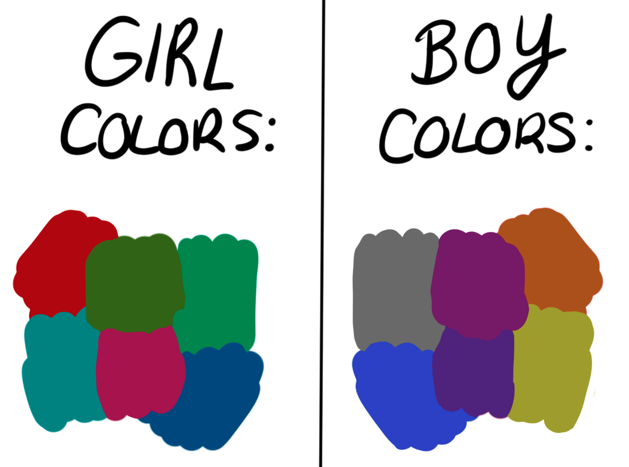 A chart split into two sections. The right is labeled "Girl colors" with dark red, olive, jade, teal, cerulean, and fuchsia swatches. The left is labeled "Boy colors" with dark bronze, yellow, gray, indigo, purple, and violet swatches.