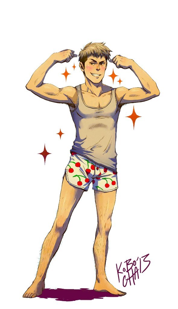 kobochasketch:  Jean shows off his muscles and cherry boxers! (ᅌᴗᅌ* )This drawing