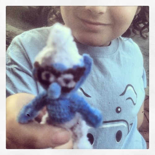 Enzo has acquired two smurfs today. The second one is made out of pipe cleaners.