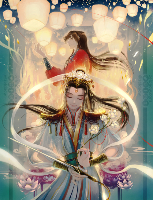 zeldacw:



I revised my tgcf lantern festival painting… cuz the previous version was very rushed and posted last minute for an event…. OvO;;;  Hope you like this version too ^^)/

Hua Cheng & Xie Lian from novel Heaven Official’s Blessing/ TGCF by MXTX #Holy shit pretty #tgcf #heaven officials blessing #xie lian#hua cheng#hualian#fanart