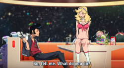 themindofadeviant:  eva-unit-69:  sick ass space burn  Well this is cute. What anime is this, Lu? Also, how did your holiday season go?  Space Dandy, I think. Still need to catch up on it.