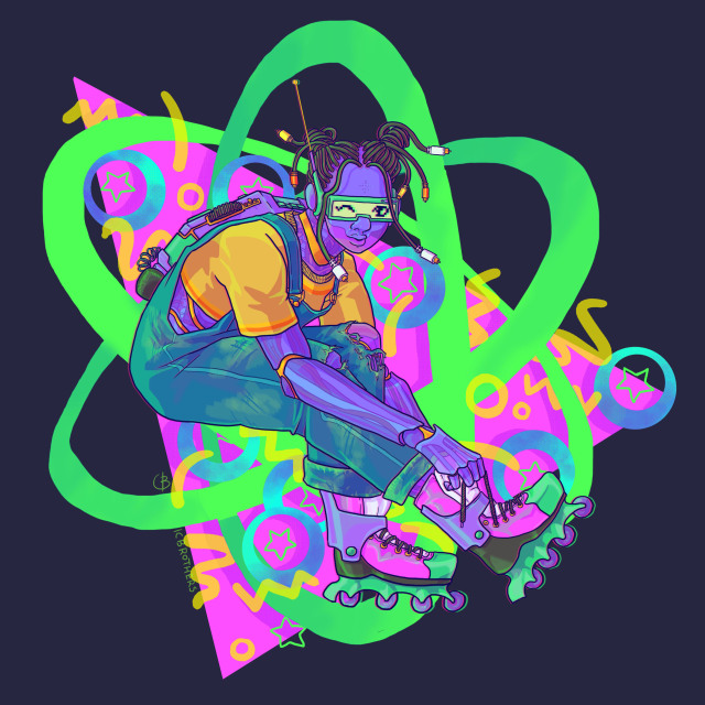 A colourful digital illustration of a translucent purple robot in dungarees and rollerblades. Her scart cable hair is tied in bantu knots. She sits infront of a garish bowley alley carpet pattern.