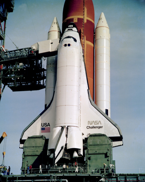 In this image, Space Shuttle Challenger waits on Launch Complex 39A at Kennedy Space Center before i