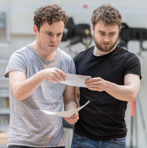 Daniel Radcliffe rehearses with Joshua McGuire for Rosencrantz and Guildernstern are Dead. [Pho