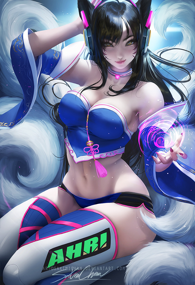 sakimichan: Fun painting of overwatch/ Lol inspired crossover ^o^ Ahri in D.va inspired