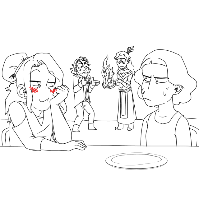 the same meme from the first pic but drawn with the characters. it's Kya and Lin on a date. Izumi is in the background holding a frying pan that's on fire. Bumi is also there, losing it over the fire.