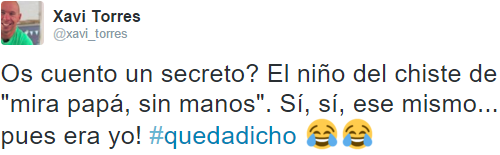 finofilipino:  Xavi Torres sigue dándole en los morros a toda esa gente que critica el humor negro.- No, pero él puede porque está afectado.- Entonces tú tienes vía libre para hacer chistes de subnormales.Creo que algo les falta en el coco a los