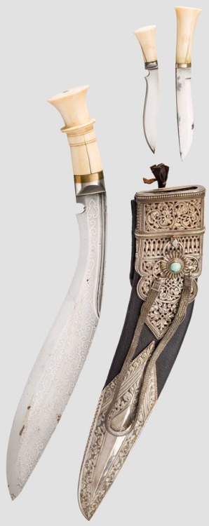 Silver mounted kukri set with ivory handles, Nepal, circa 1900.from Hermann Historica