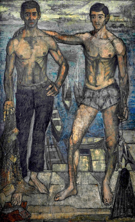 antonio-m:José Fernández (1905-1988), Fishermen by the Sea, 1961. Spanish. Oil and mixed media collage on canvas.