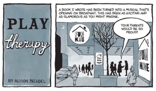 fun-home:  “Last year, Alison Bechdel’s comic-book memoir Fun Home became an extraordinarily moving musical at the Public. To mark its transfer uptown to Circle in the Square (where it opens on April 19), we asked Bechdel about seeing herself, her
