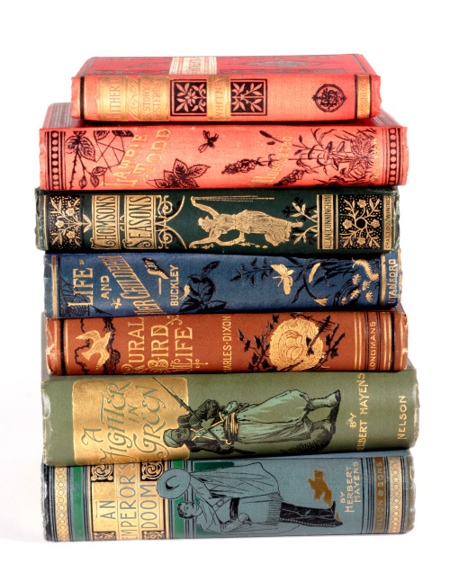 michaelmoonsbookshop:Late 19th century publisher’s cloth bindings highlighted and titled in gilt 