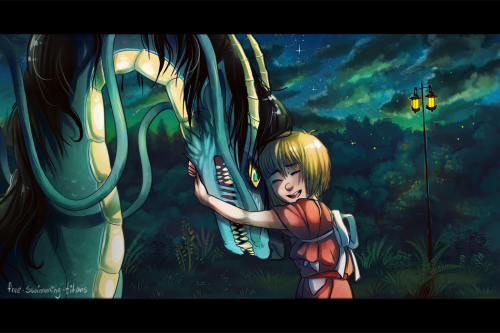 spoopy-swimming-titans:  For Eremin week~ decided to finish this sketch from the Spirited Away crossover/AU thingy and make it look like a movie screenshot 8D Drawing Eren dragons is too much fun gee