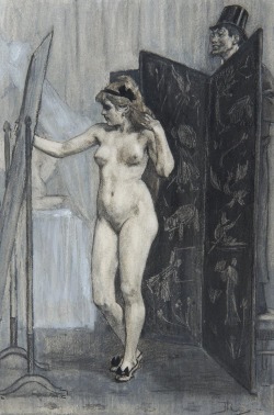 thunderstruck9:  Félicien Rops (Belgian, 1833-1898), Le Paravent [The Screen]. Pastel, black chalk, pencil and watercolour on paper, 23 x 15.3 cm. 