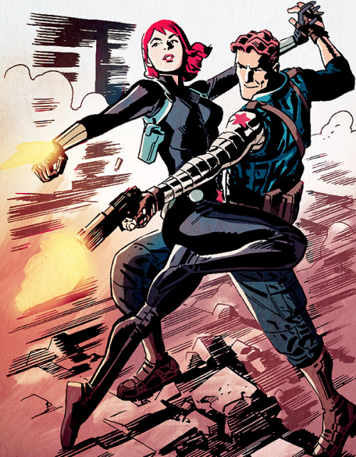 cptsteven:Chris Samnee: Bucky & NatThese were all black and white - I felt like coloring them because I love them ;;