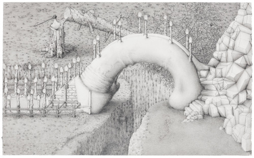 Paul Noble (British, b. 1963), Bridge to Camp Acumulus Noblitatus, 2002. Pencil on paper, 47 x 76 cm