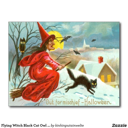 Flying Witch Black Cat Owl Bat Snow Postcard - $1.10 Made by Zazzle Paper Vintage Halloween print ht