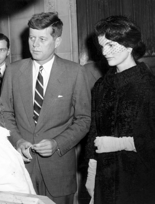 thekennedyclan: December 13, 1957 - Jack &amp; Jackie at their daughter Caroline’s baptism