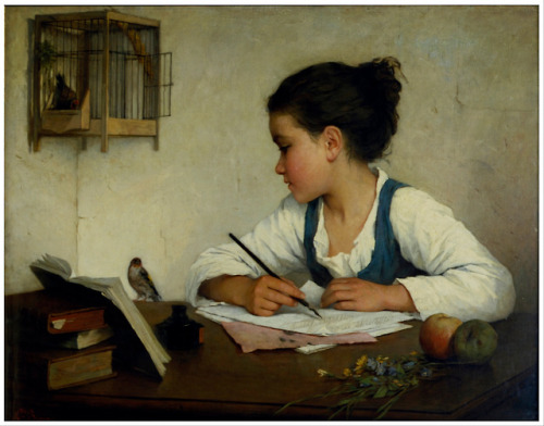 A Girl Writing; The Pet Goldfinch.  c1870. Henriette Browne