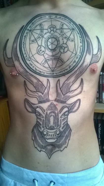 tattoos-org:  Stag and circle done by Kev Richardson at Bodycraft, Nottinghamshire, UKSubmit Your Tattoo Here: Tattoos.org