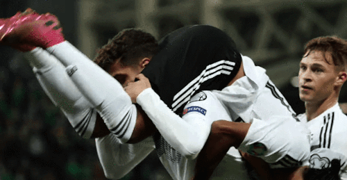 mariogoetze:Serge Gnabry of Germany going for little ride while celebrating with Kai Havertz who giv