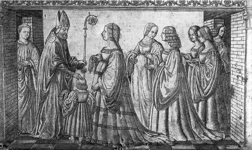 Engraved silver plaque showing the 32 year old Lucrezia Borgia presenting her son and heir, Ercole t