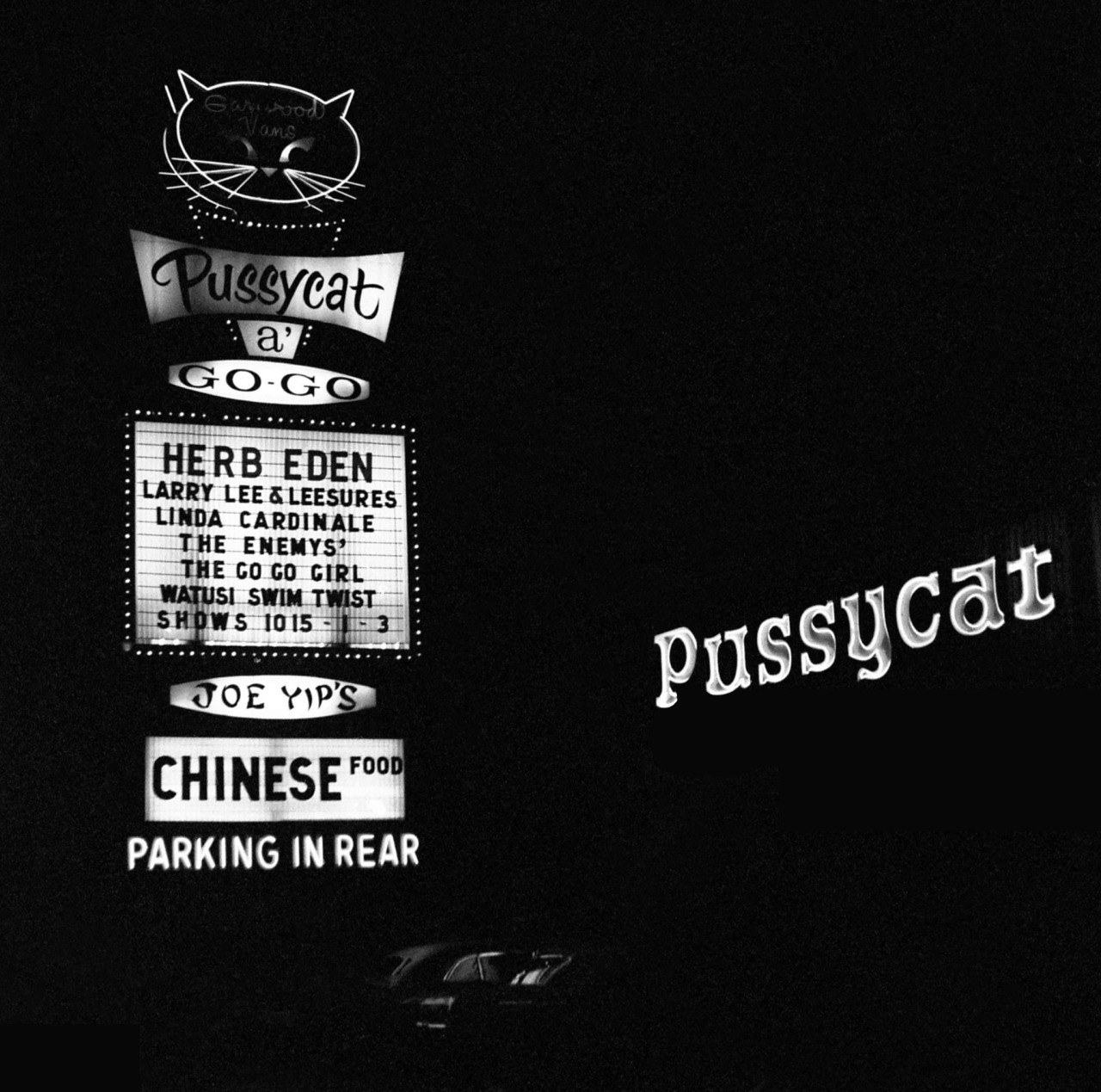 Pussycat a’ Go-Go, Las Vegas Strip, December 26, 1965
Garwood Van and Joe Yip leased Al Mengarelli’s Rendezvous Club and turned it into Pussycat in ‘64, with a neon outlined cat head attached to the top of the Rendezvous’ sign. Rosol Collection,...