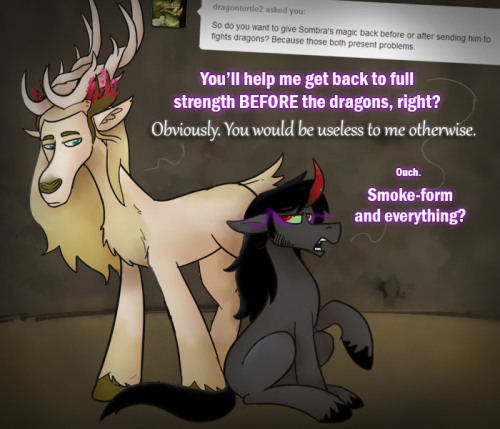 ask-king-sombra:  Air quotes are an ancient tool used only by the most wise, mysterious and sarcastic.  …oh damn. I really liked these elk characters at first but I’m really starting to get uncomfortable with their leader. >: