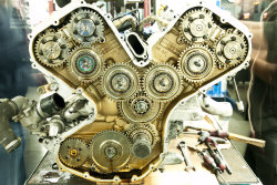 beautifullyengineered:  Ferrari Enzo Engine Camshaft and oil pump drive system   Dope as fuck
