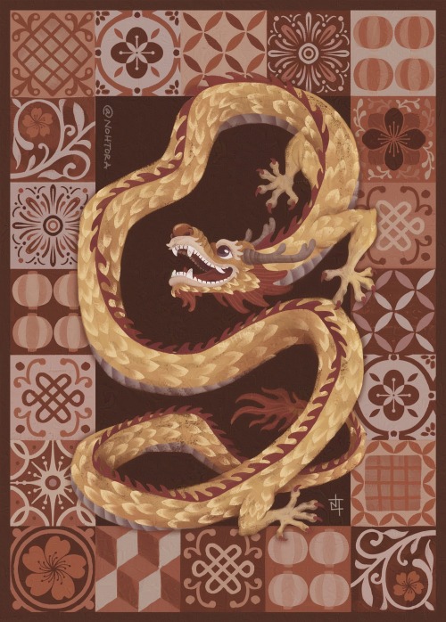 Digital illustration of a joyful yellow Vietnamese dragon, set on a patterned background of encaustic tile-like designs with subtle Lunar New Year motifs.