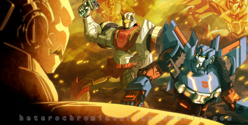 dcjosh:  heterochromiaturian:  Finally found some time today, to hammer out my half of an art trade for the wonderful Dataglitch, whom wanted Chromedome and Skids from MTMTE, facing off against Legislators and looking awesome. Never drawn either of these