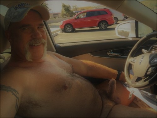 Part 2 - Dad out for another nude drive, jerking his hairy dick and working on these man nips for th